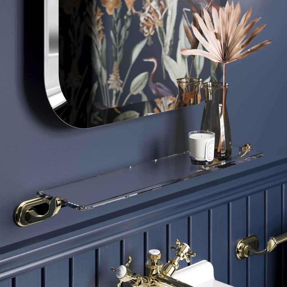 Close up image of Burlington Guild Gold Wall Mounted Glass Shelf